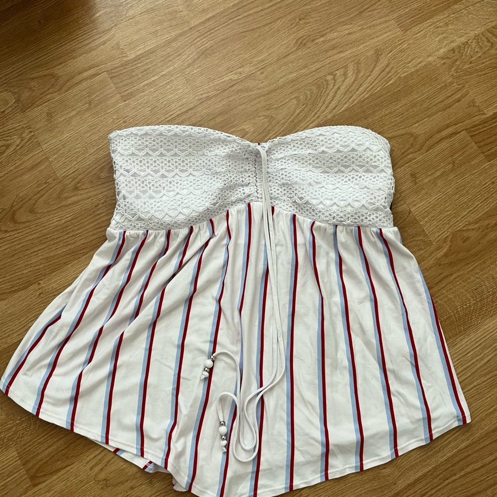 White and Red Striped Lace Tube Top